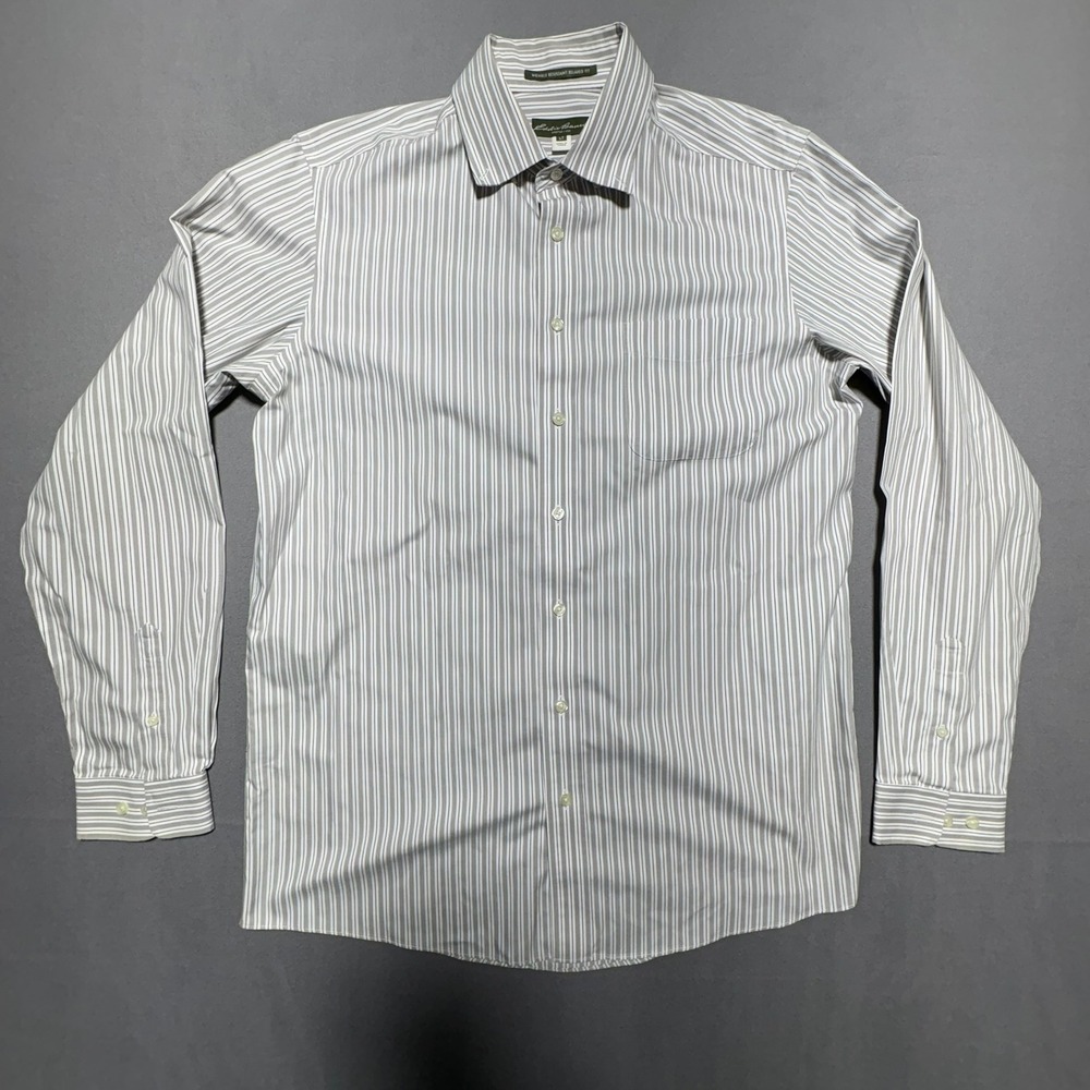 Eddie Bauer Mens LT Grey White Striped Wrinkle Resistant Relaxed Fit Shirt Tall